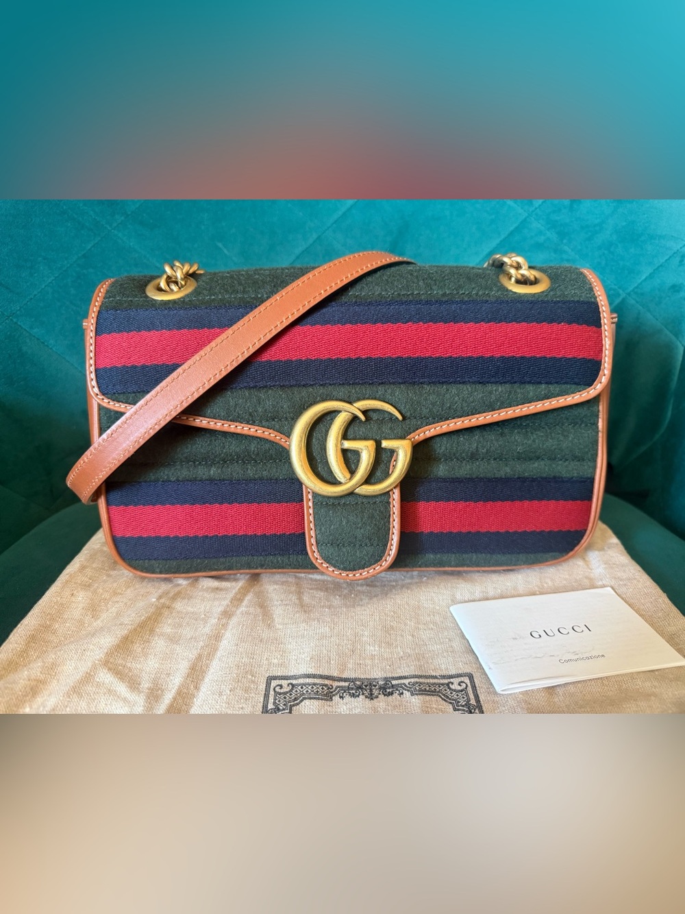 Gucci Navy Red Green Stripe GG Shoulder Bag with Tan Trim